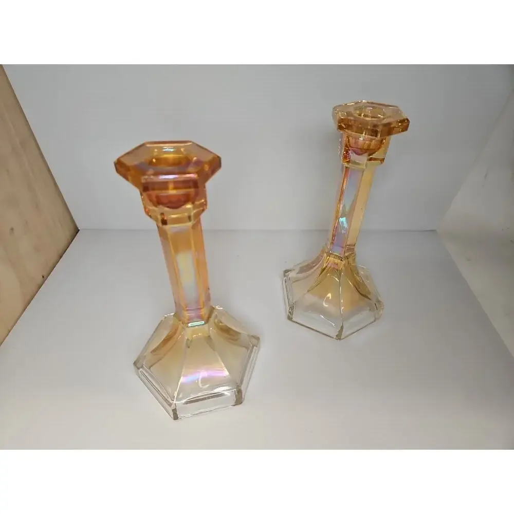 Vintage Lot of 2 Iridescent Marigold Carnival Glass Candle Stick Holders 7